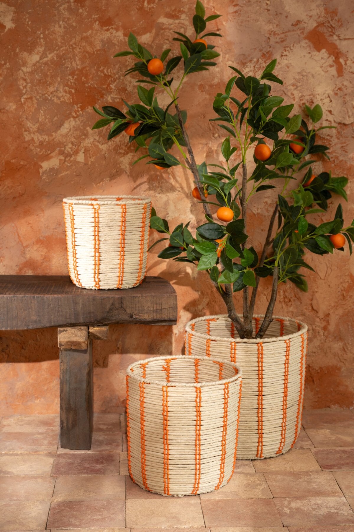 Set of 3 round striped paper baskets natural/orange
