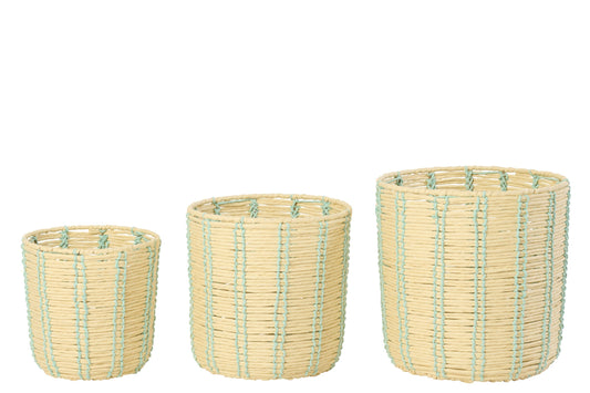 Lot de 3 paniers ronds en papier rayé naturel/bleu azur