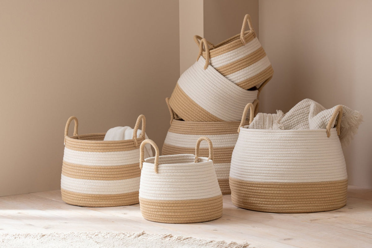 Set van 3 mand met handvat rond polyester naturel/wit