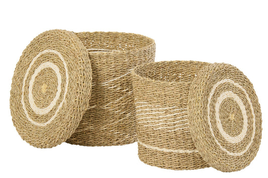 Lot de 2 paniers + couvercle en papier rayé blanc/naturel