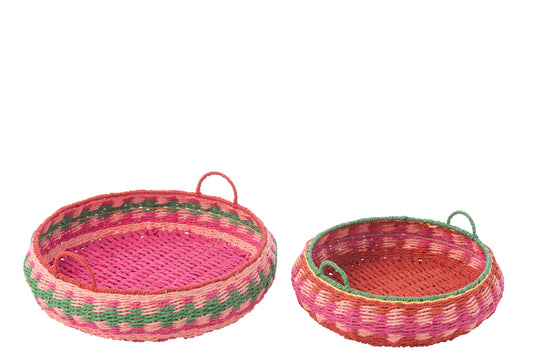 Set Of 2 Decorative Tray With Handles Round Paper Multi