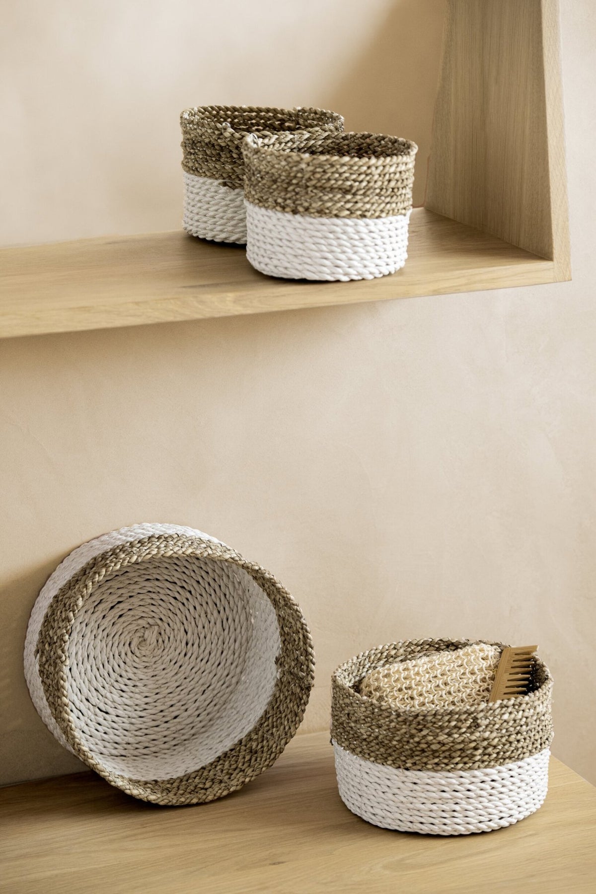 Set van 3 mand zeegras naturel/wit