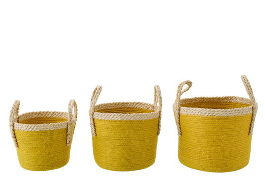 Set van 3 mand met handvatten papier mosterd geel/naturel
