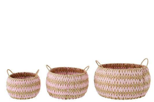 Lot de 3 paniers avec anses, bordure rayée naturel/rose clair