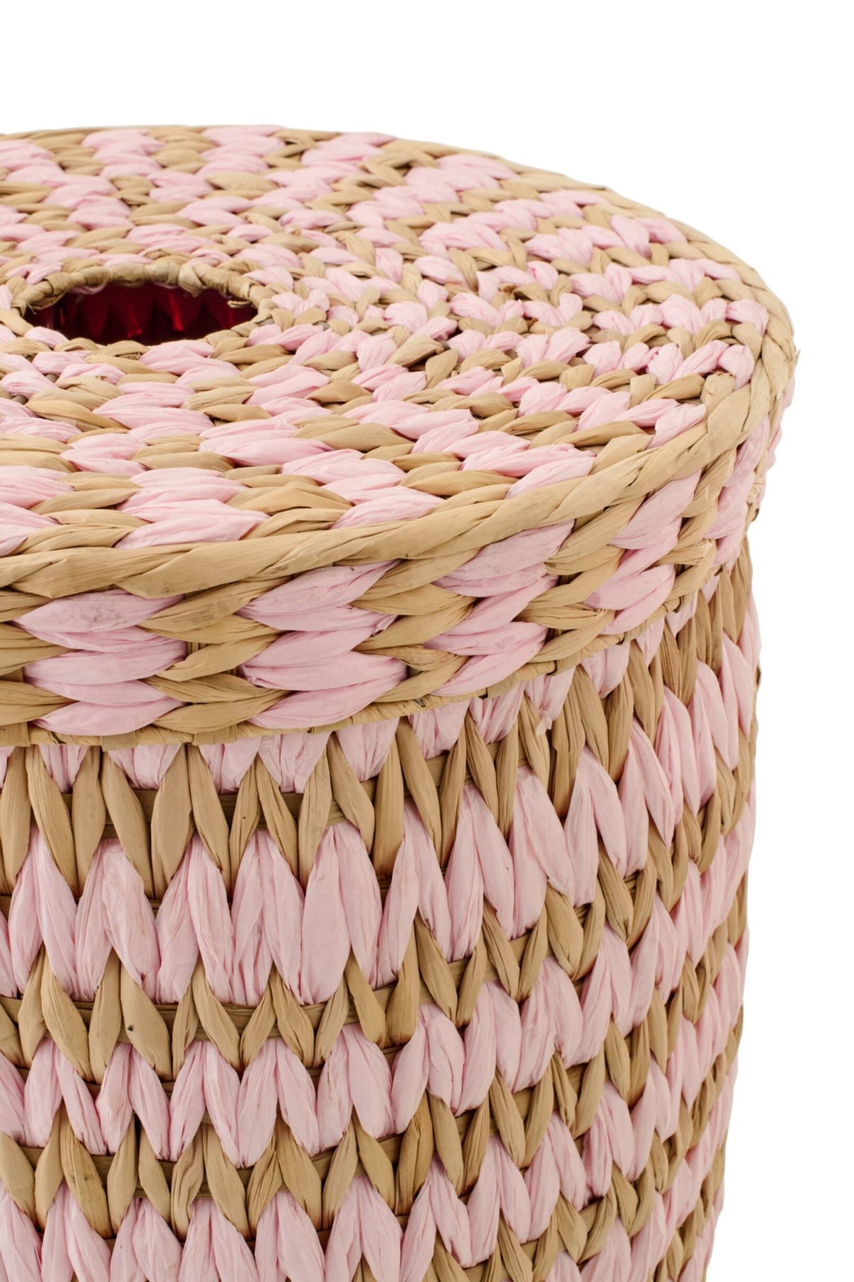 Set of 2 baskets with lid striped trim natural/light pink
