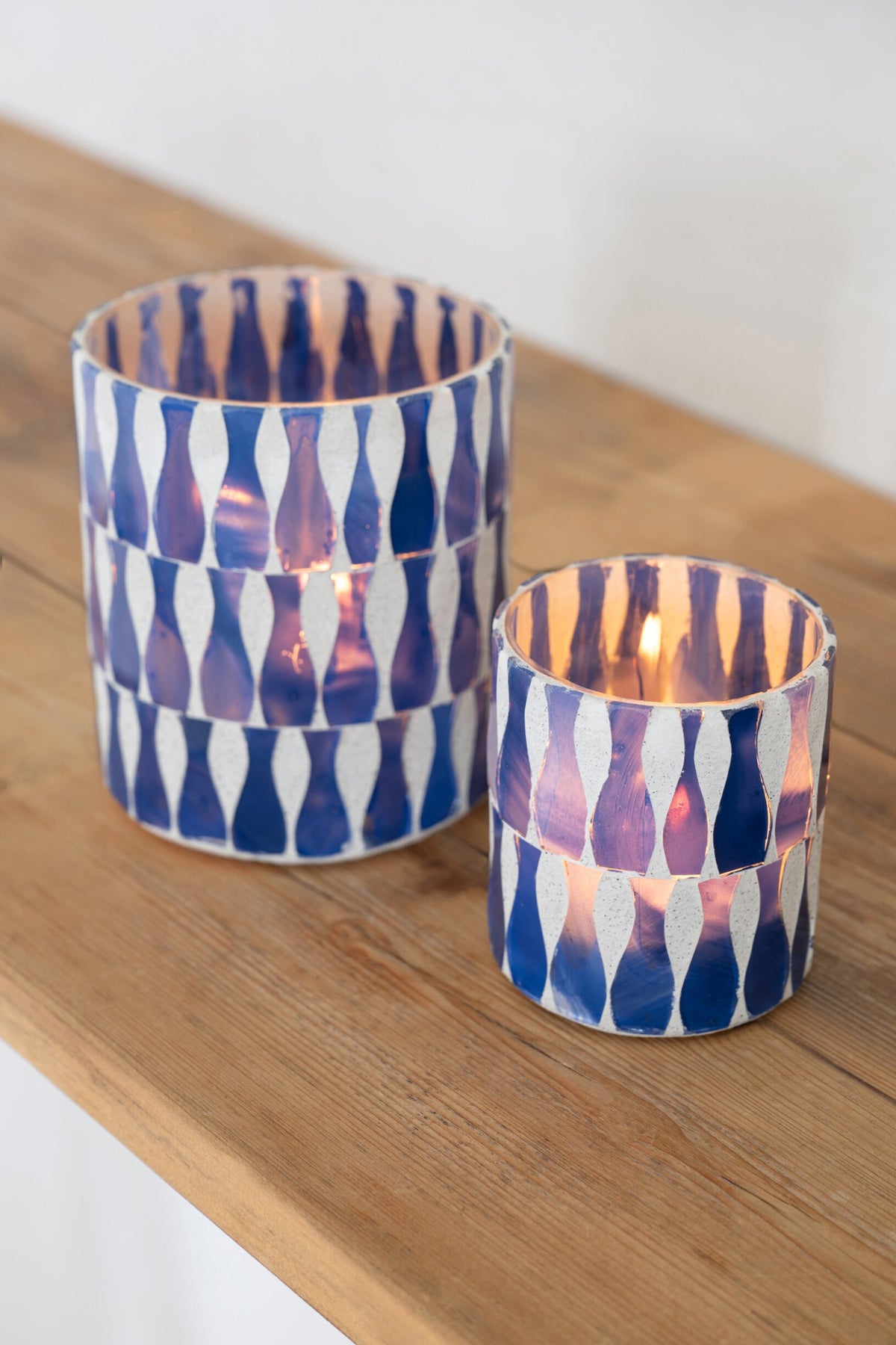 Kaarshouder Glas Blauw/Wit Small