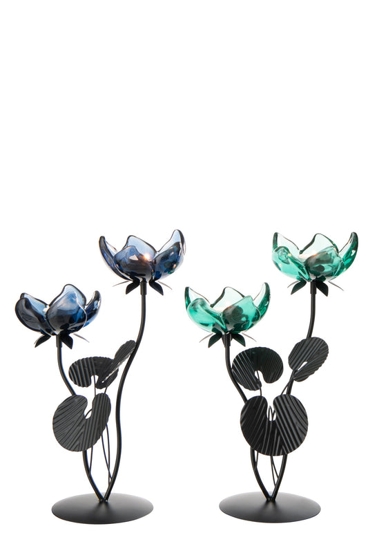 Theelichthouder Bloem Ijzer Groen/Blauw Large Assortiment Van 2
