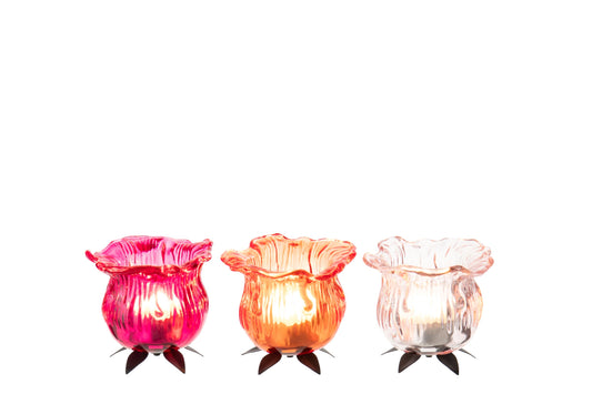 Theelichthouder Bloem Glas Oranje/Roze Assortiment Van 3