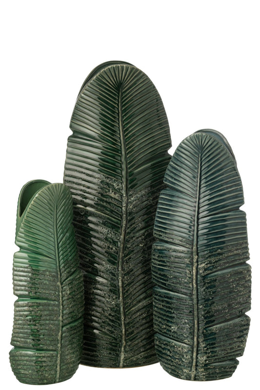 Vase Leaf Stoneware Dark Green Large