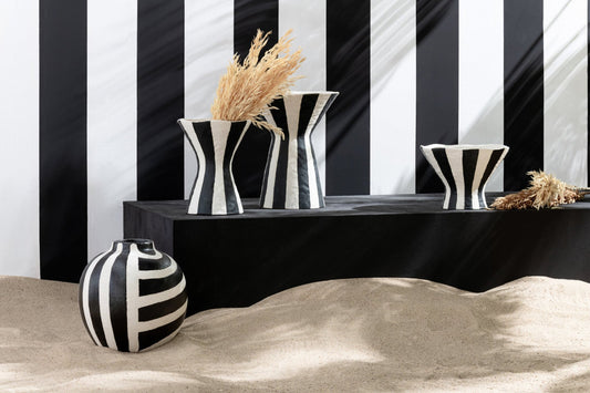 Vase Striped Stoneware Off-White/Black Medium