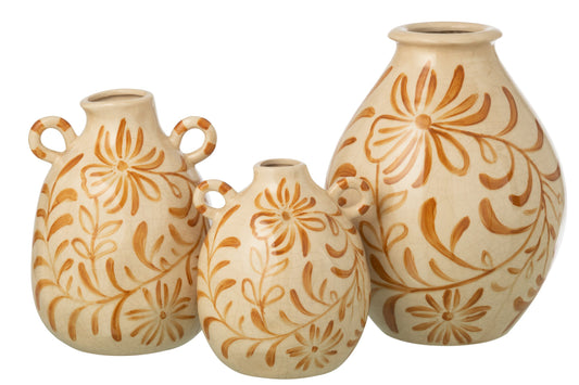 Vase Flowers Stoneware Ocher Yellow/Off-White Large