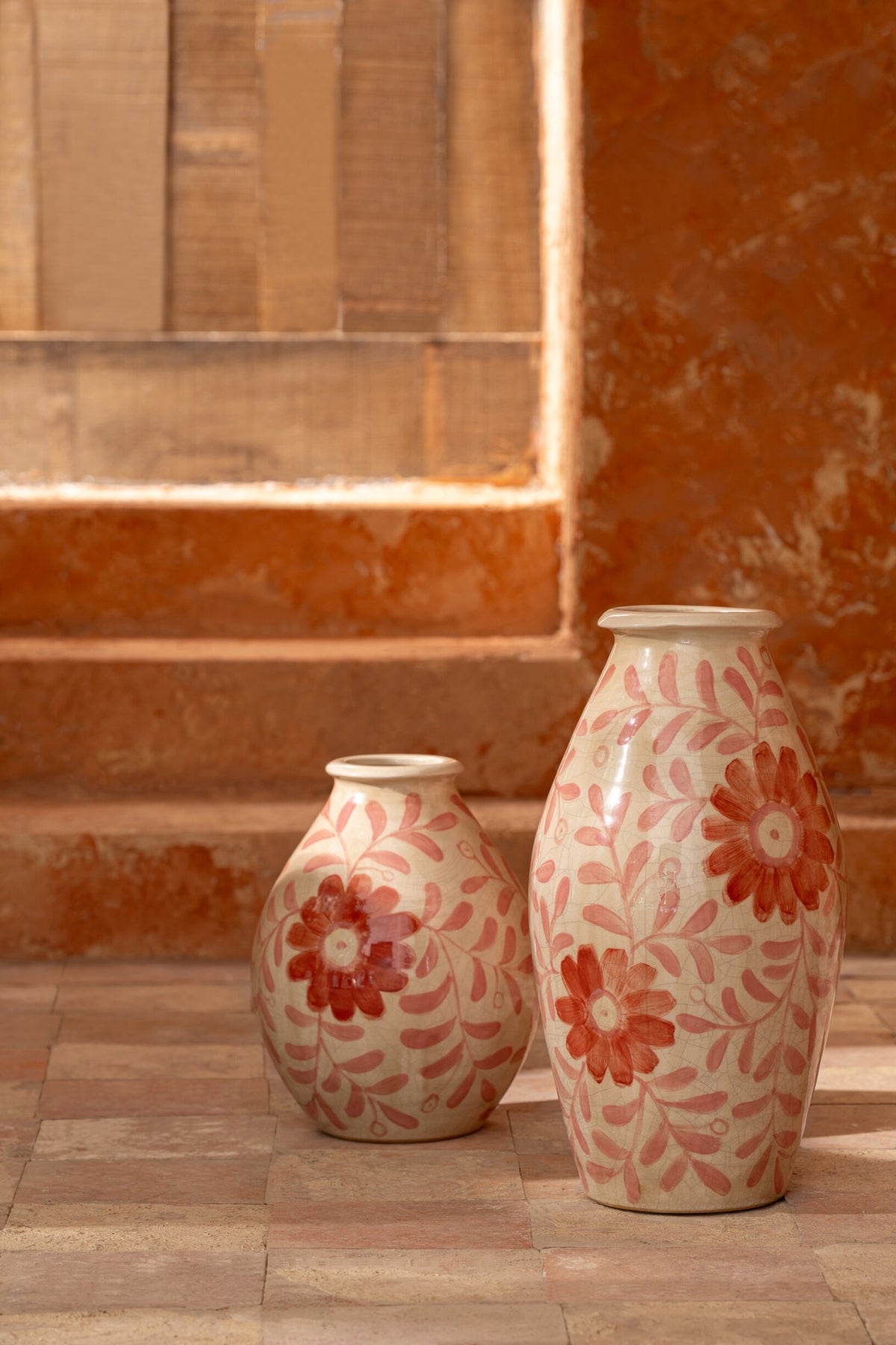 Vase Flowers Stoneware Orange/Off-White Large