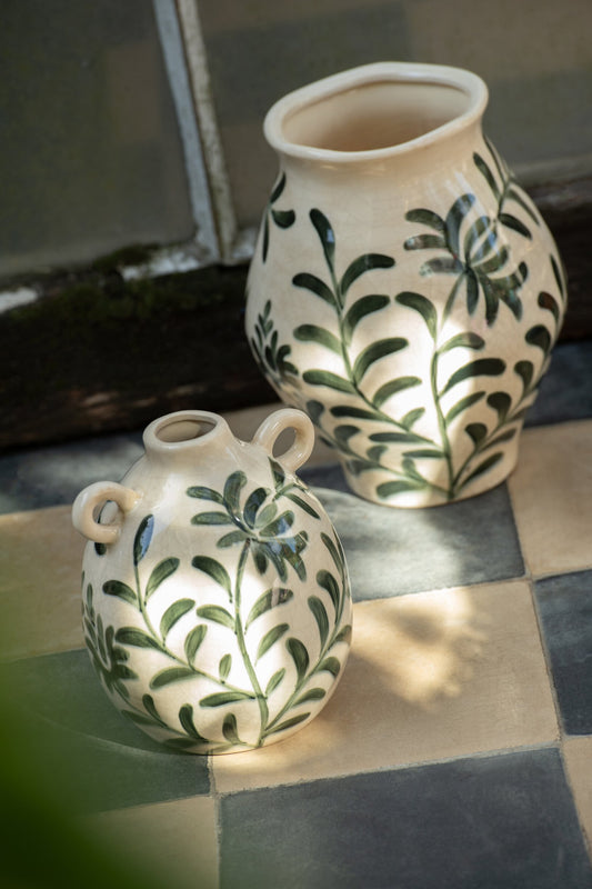 Vase Leaf Stoneware Dark Green/Off-White Small
