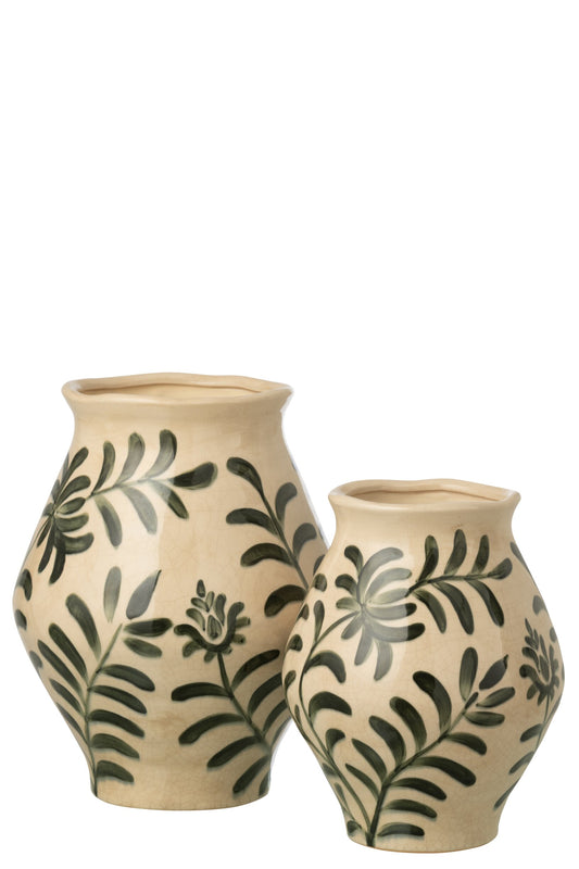 Vase Leaf Stoneware Dark Green/Off-White Large