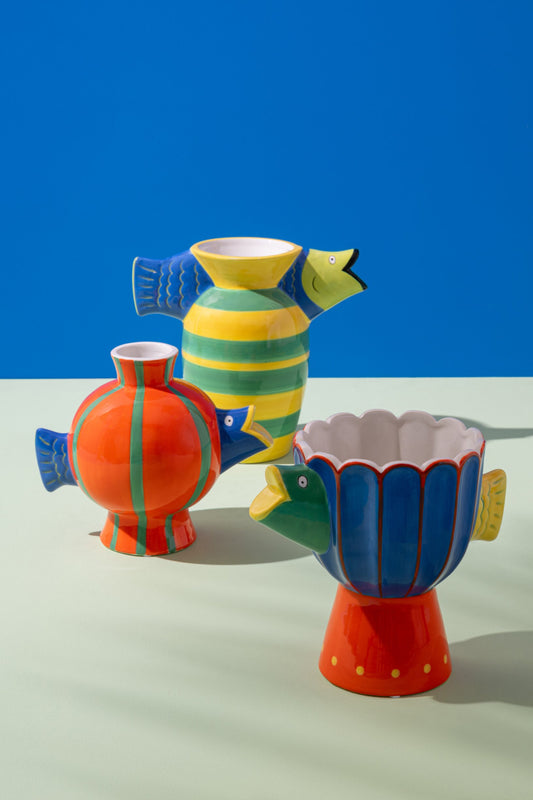 Vase Fish Striped Dolomite Multicolored Assortment Of 2