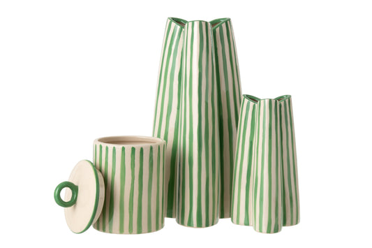 Vase Striped Ceramic Off-White/Green Large