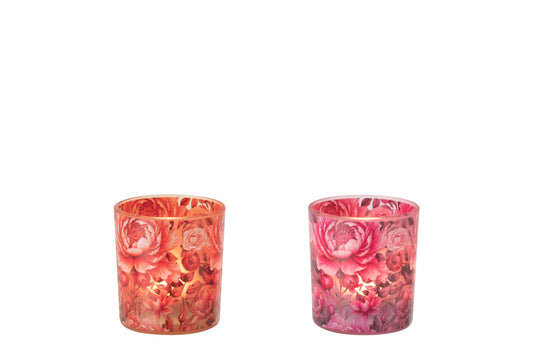 Theelichthouder Bloemen Glas Oranje/Roze Small Assortiment Van 2