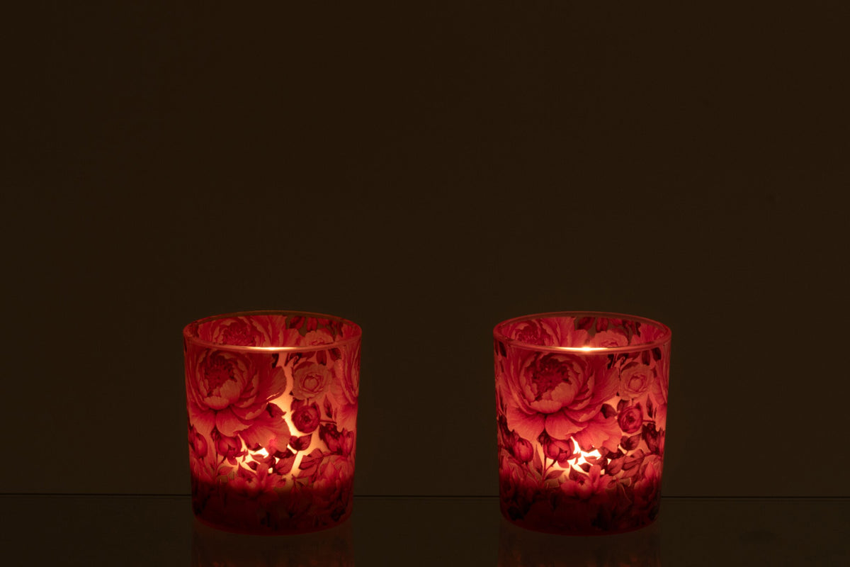Theelichthouder Bloemen Glas Oranje/Roze Small Assortiment Van 2