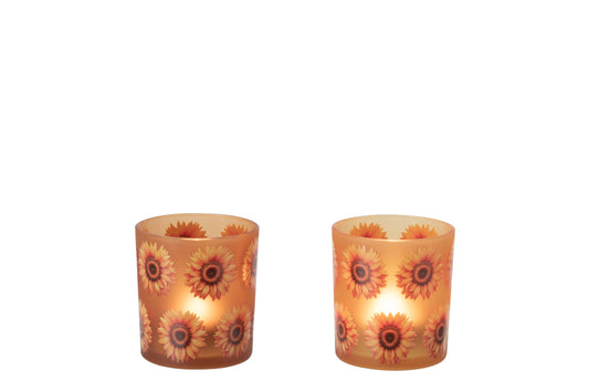Theelichthouder Zonnebloem Glas Donkeroranje/Lichtoranje Small Assortiment Van 2