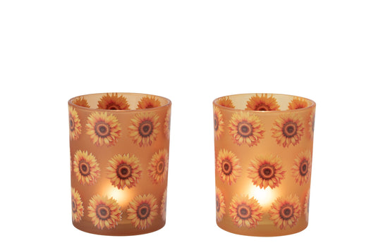 Theelichthouder Zonnebloem Glas Donkeroranje/Lichtoranje Medium Assortiment Van 2