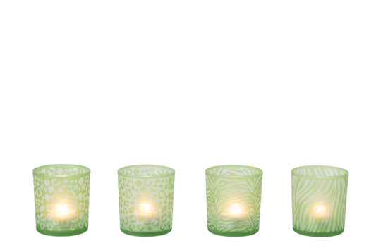 Theelichthouder Dierenprint Glas Groen Small Assortiment Van 4