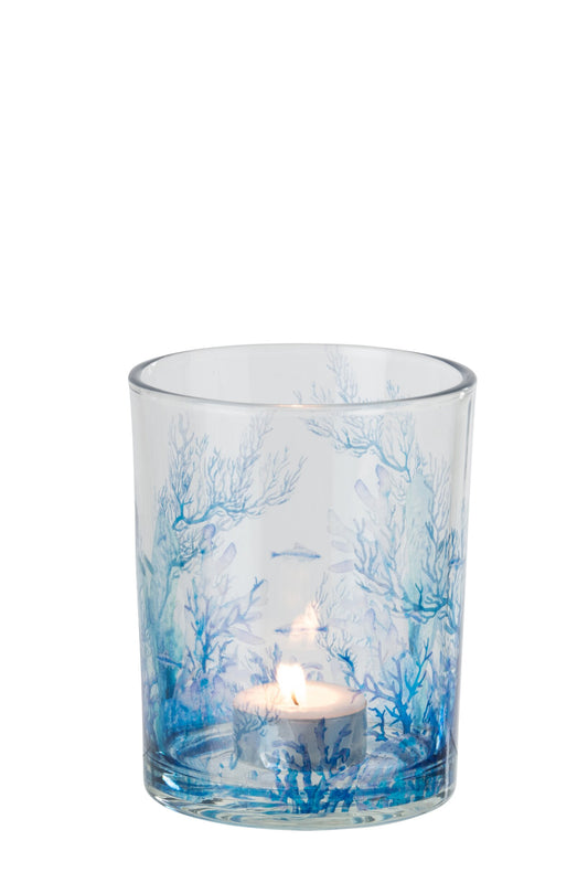 Theelichthouder Koraal Glas Blauw/Transparant Medium
