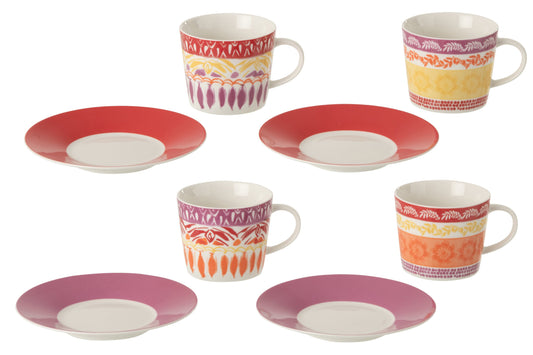 Set van 4 koffiekop + schotel keramiek paars/rood groot