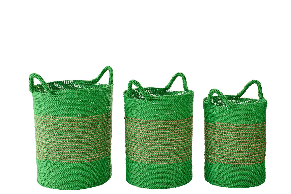 Set of 3 striped raffia baskets green/natural