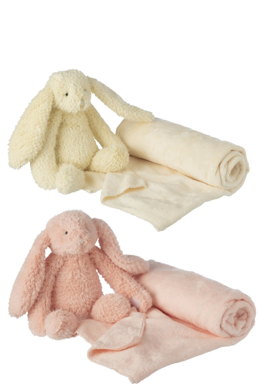 Konijn met dekentje polyester roze/geel assortiment van 2