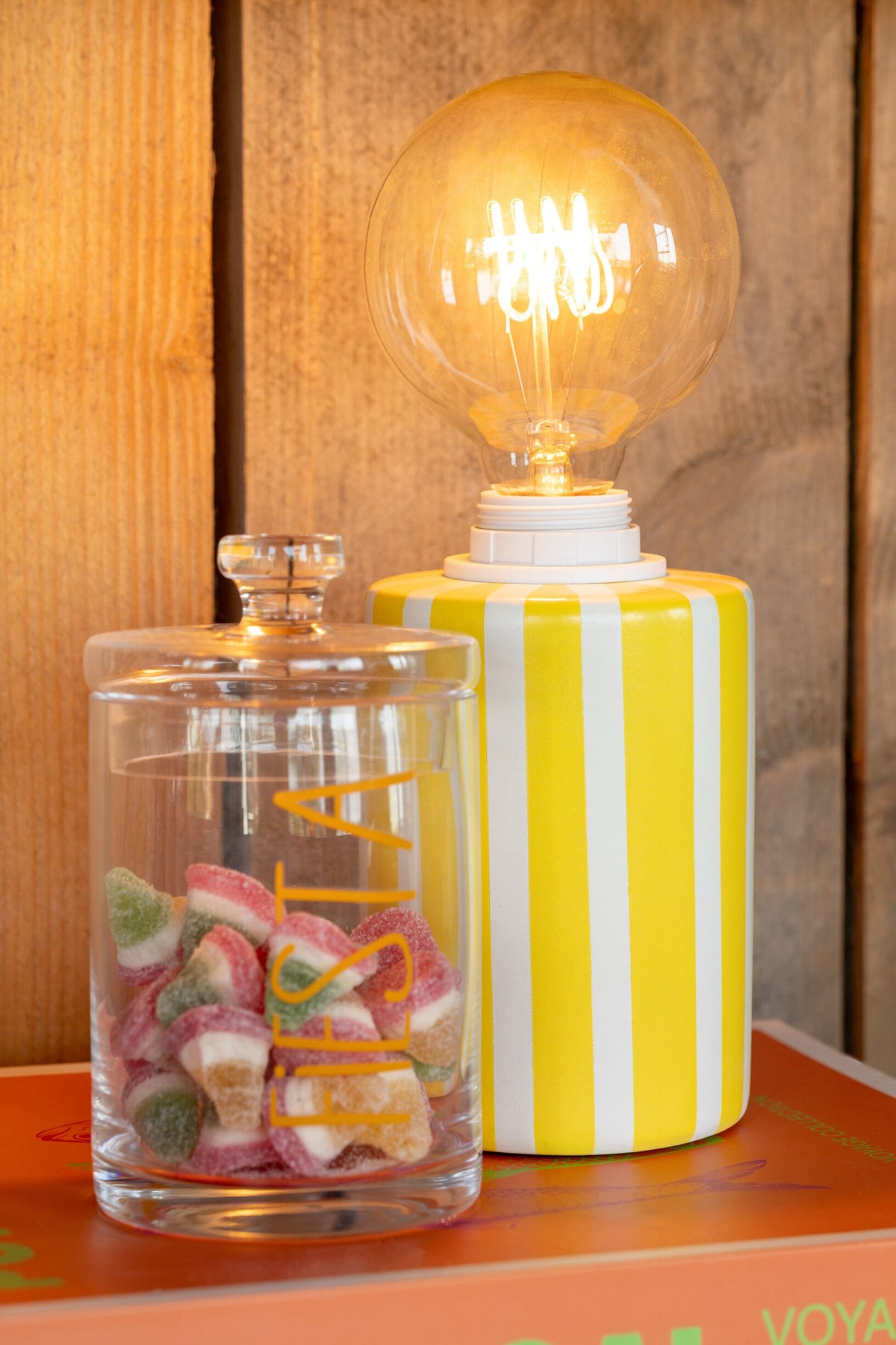Table lamp round striped ceramic orange/yellow assortment of 2