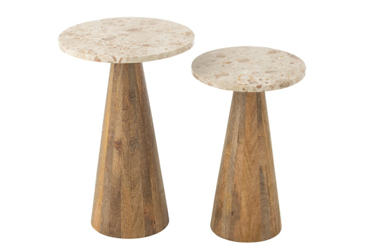 Set Of 2 Side Table Round Marble Beige/Brown
