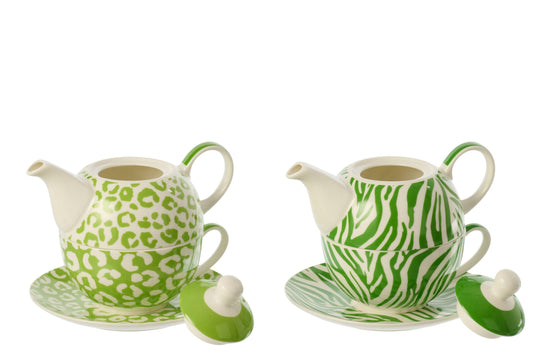 Theepot luipaard + zebra porselein groen/wit assortiment van 2