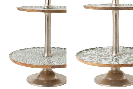 Set van 2 serveer standaard 3 niveaus mango hout groen/wit