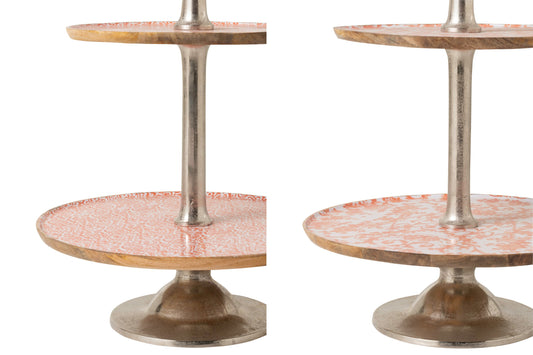 Set van 2 serveer standaard 3 niveaus mango hout oranje/wit