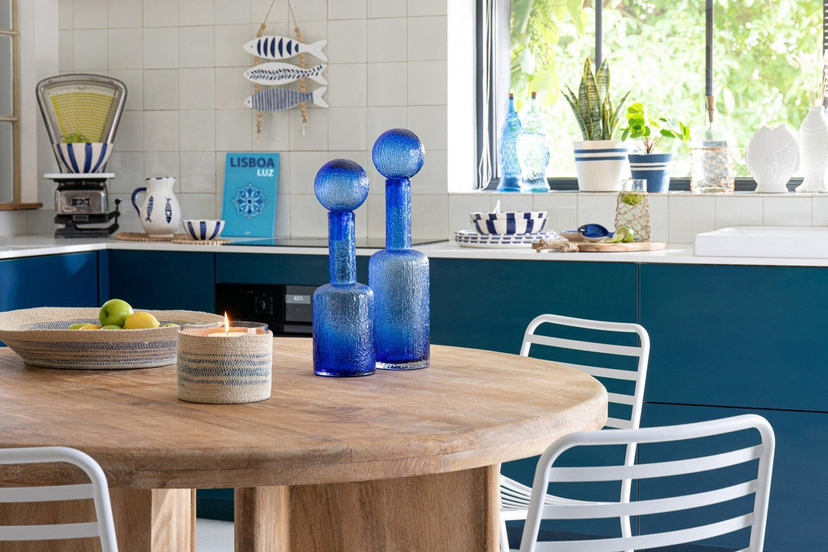 Theelichthouder Gestreept Zeegras Naturel/Blauw