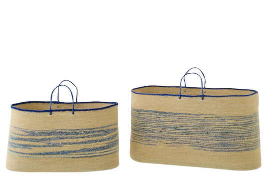 Lot de 2 paniers avec poignée en jonc marin rayé naturel/bleu