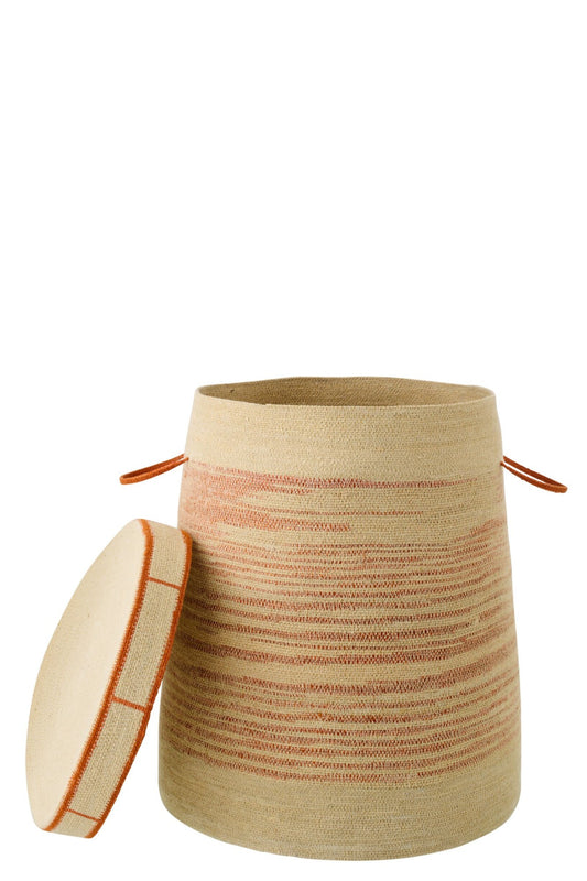 Panier avec poignée + couvercle rayé en jonc de mer naturel/orange foncé