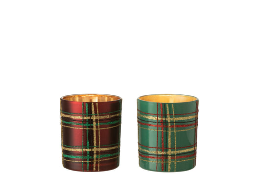 Theelichthouder Geruit Glas Rood/Groen Large Assortiment Van 2