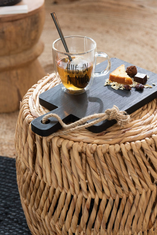Mok op voet tekst glas/hout transparant/zwart/naturel assortiment van 2
