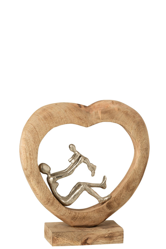 Figure Parent With Child Heart Mango Wood/Aluminium Natural/White