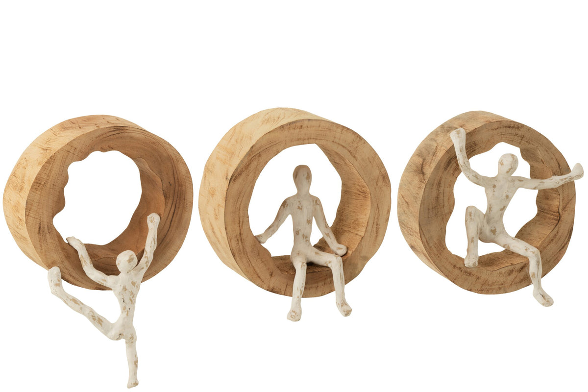 Wall Deco Figure Climbing Mango Wood/Aluminium Natural/White Assortment Of 3