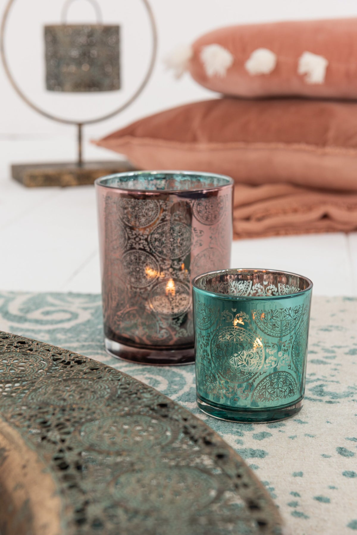 Theelichthouder Oosters Glas Azuur/Koper Small Assortiment Van 2