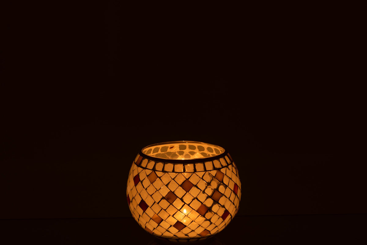 Theelichthouder Mozaiek Rond Glas Grijs/Parelmoer