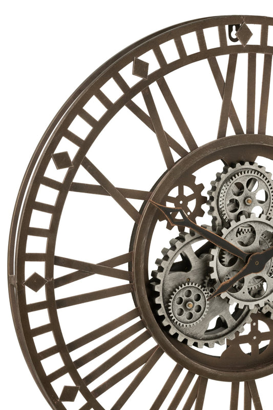 Clock Roman Numerals Visible Mecanism Metal Antique Grey