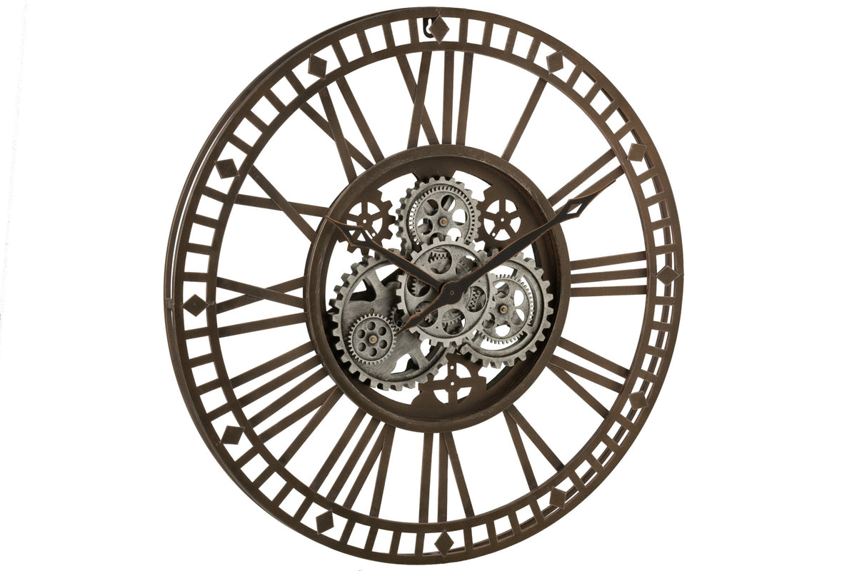 Clock Roman Numerals Visible Mecanism Metal Antique Grey