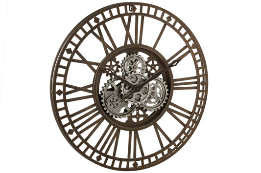Clock Roman Numerals Visible Mecanism Metal Antique Grey