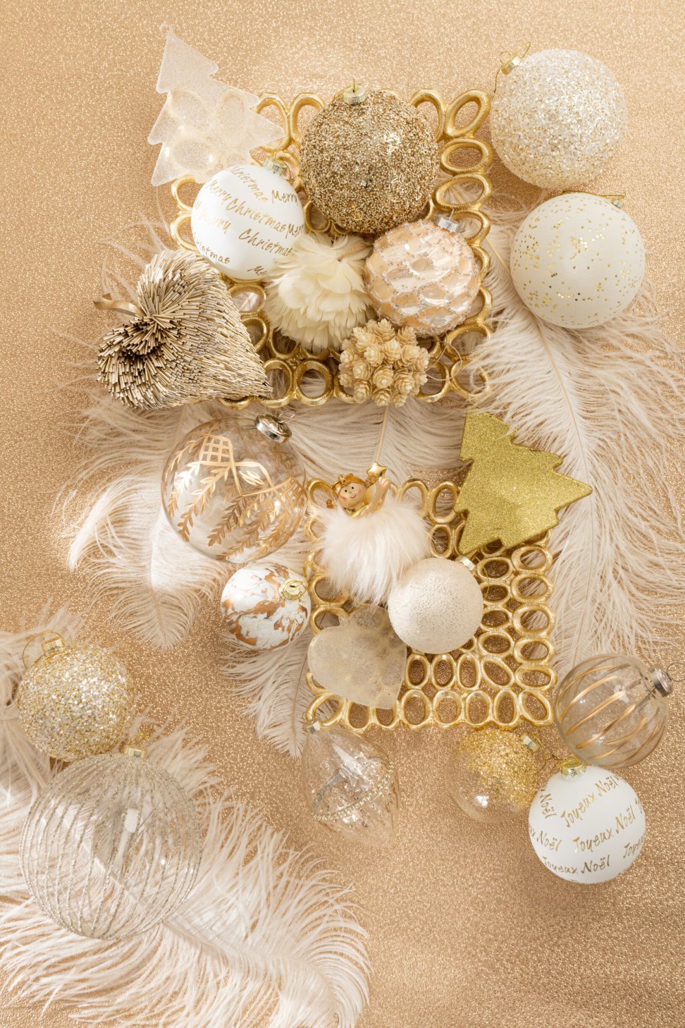 Box Of 6 Christmas Baubles Marble Look Glass White/Gold Small