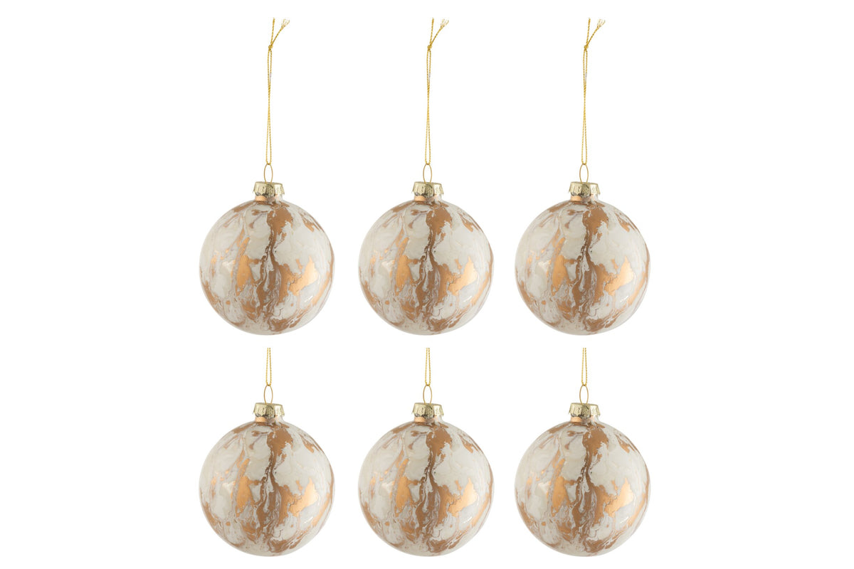 Box Of 6 Christmas Baubles Marble Look Glass White/Gold Small