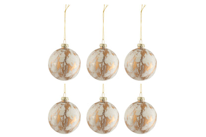 Box Of 6 Christmas Baubles Marble Look Glass White/Gold Small