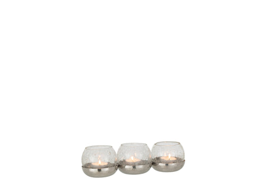 Theelichthouder 3 Bol Craquele Glas/Stainless Steel Zilver